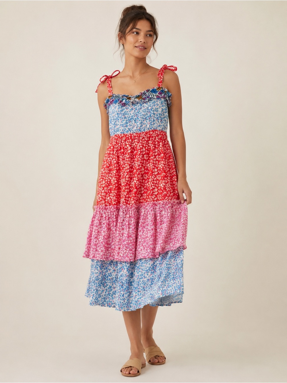 Roller Rabbit Floral Tiered Tie Strap Patchwork Print Boho Midi Dress size Med